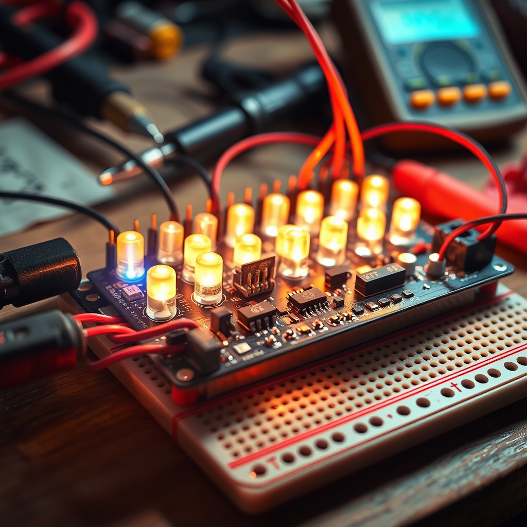 A detailed, high-resolution image of an electronic circuit board designed with various components including resistors, capacitors, microcontrollers, and connectors
