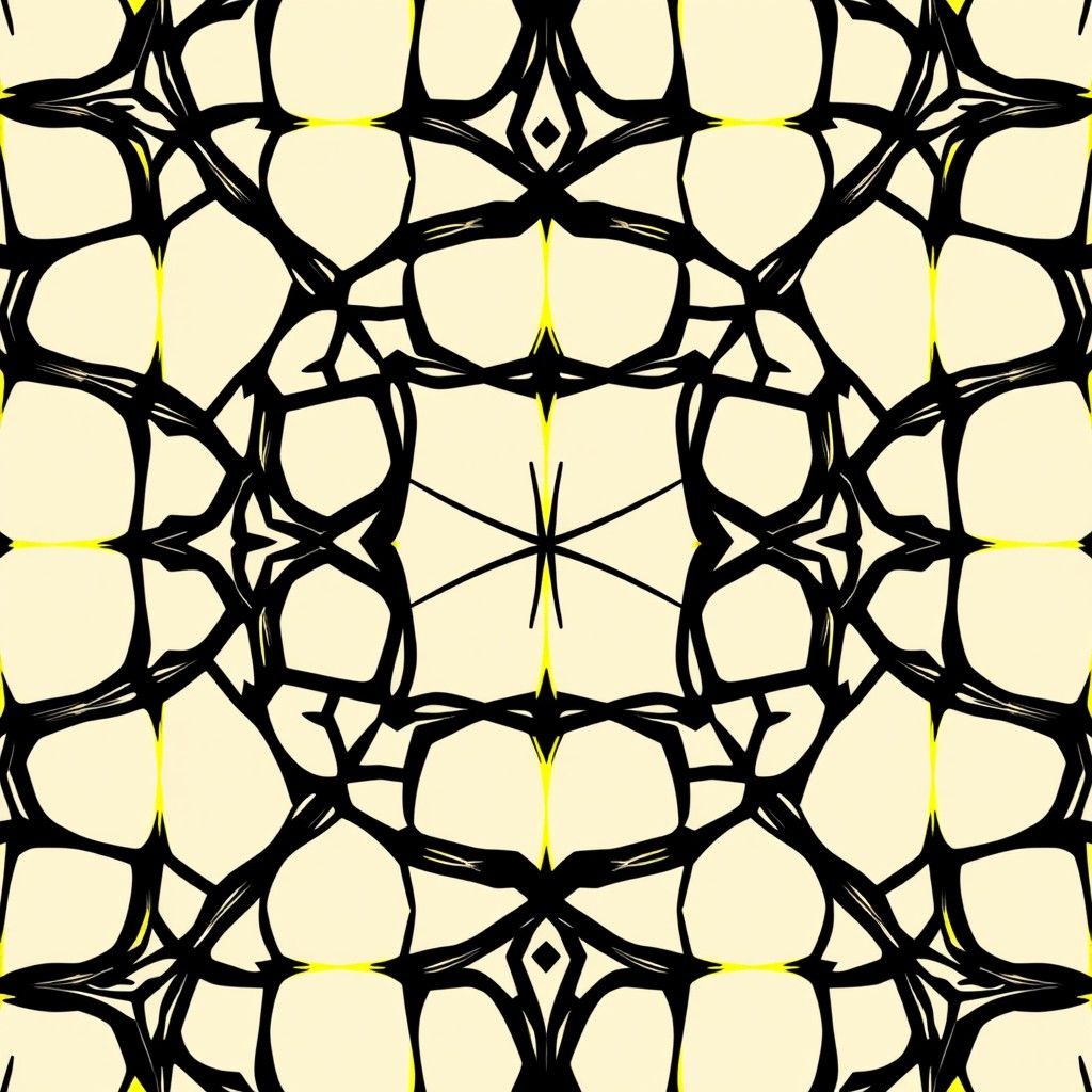 A digital illustration featuring a repeating geometric pattern with black lines transformed into vibrant yellow lines