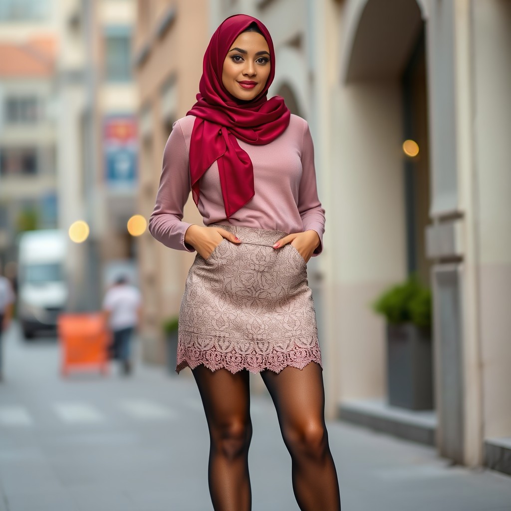 A stunning 35-year-old woman wearing a stylish hijab, exuding confidence and grace