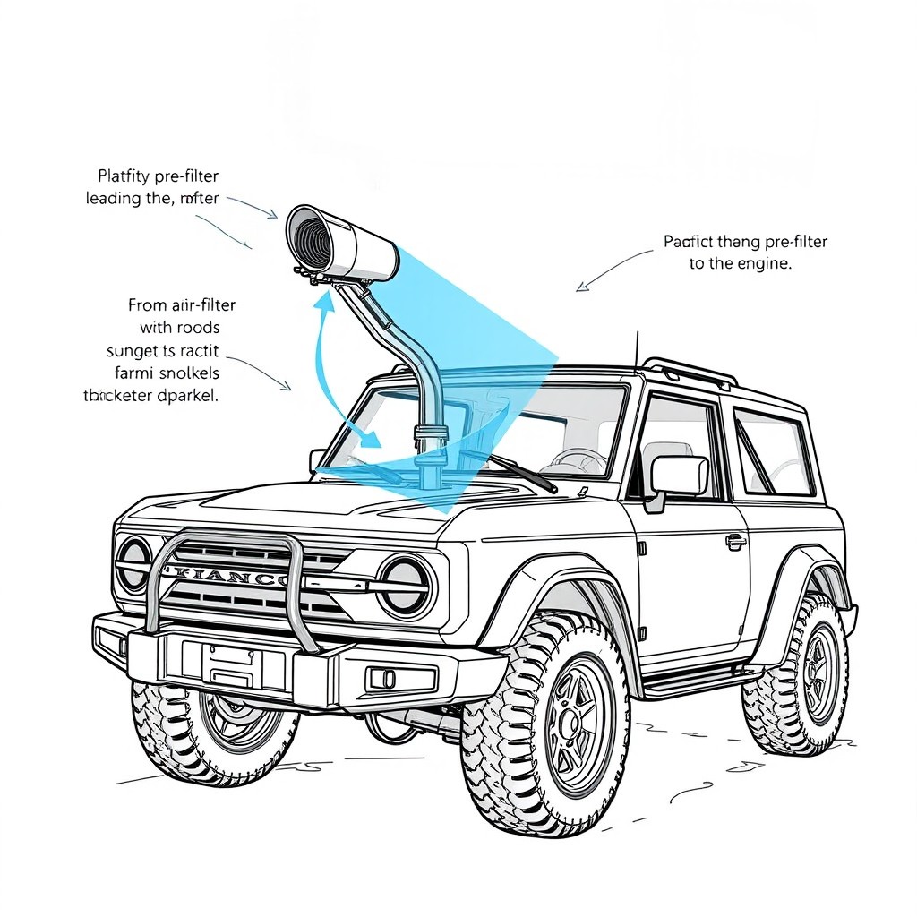 A detailed sketch of the airflow path for a Safari Snorkel mounted on the driver-side A-pillar of a Bronco
