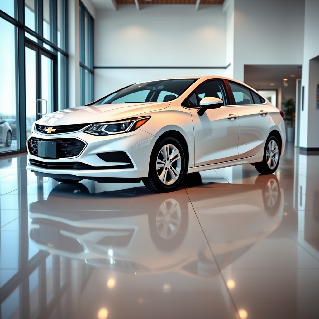 A photorealistic image of a sleek white Chevrolet Cruze inside a modern car dealership showroom