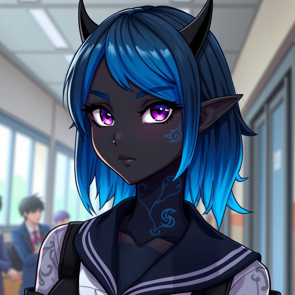 A striking female character in the art style of My Hero Academia, featuring beautiful black skin adorned with intricate blue tattoos