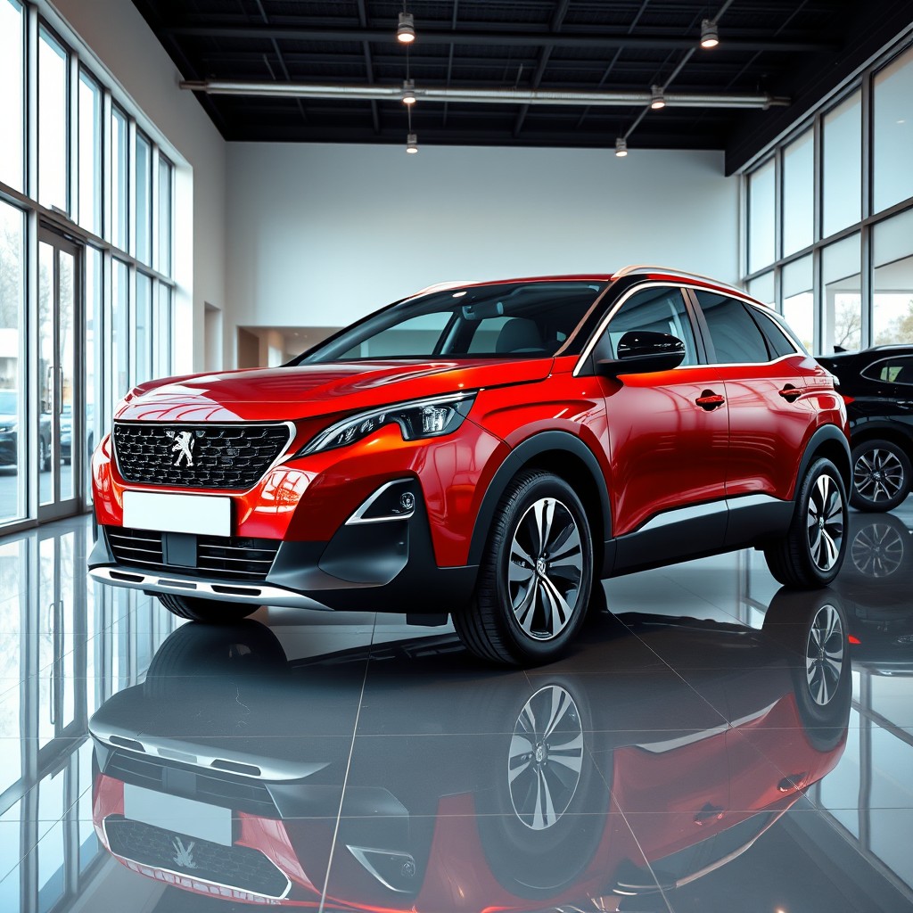 A photorealistic image of a metallic red Peugeot 3008 inside a modern car dealership showroom