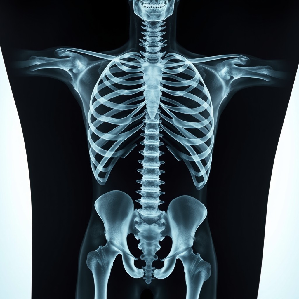 An intricately detailed and realistic X-ray image showcasing a human skeleton, emphasizing the clarity of the bones