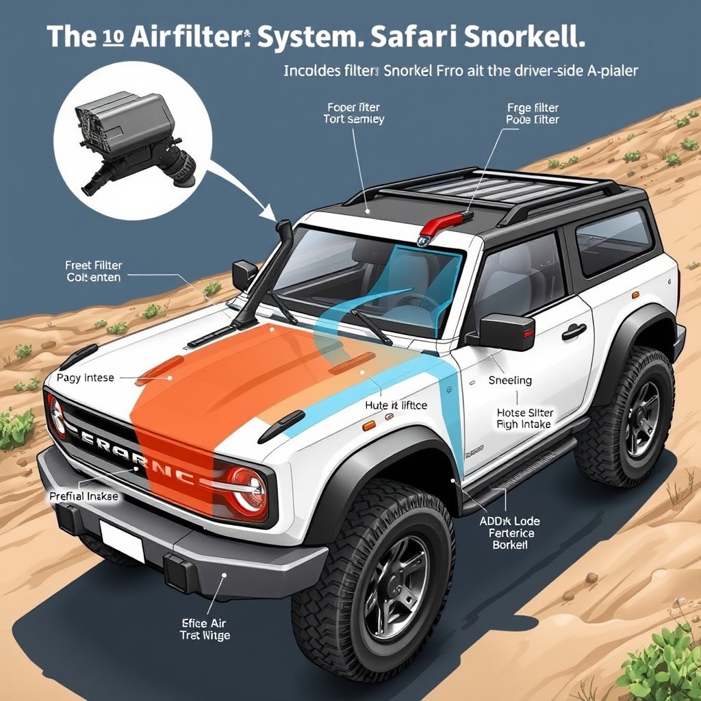 Detailed illustration of a Bronco featuring a Safari Snorkel mounted on the driver-side A-pillar