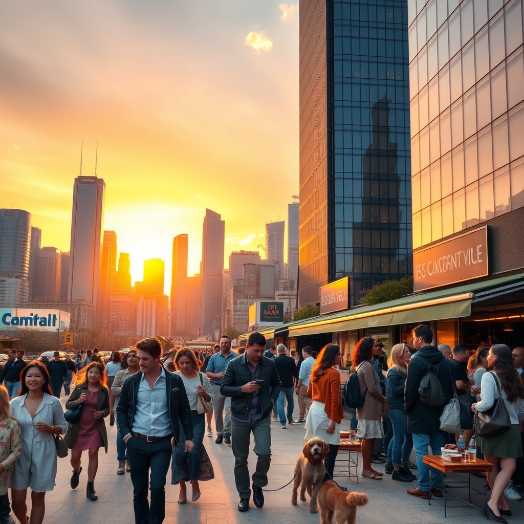 A stunning urban landscape featuring a skyline with modern skyscrapers and a vibrant city life