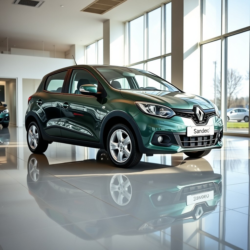 A photorealistic image of a metallic dark green Renault Sandero inside a modern car dealership showroom
