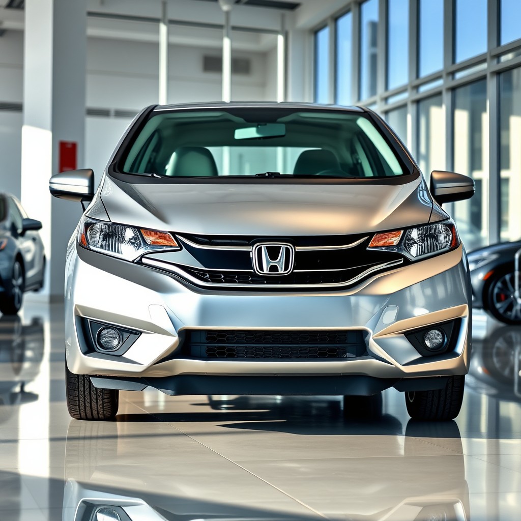A photorealistic image of a metallic silver Honda Fit inside a modern car dealership showroom
