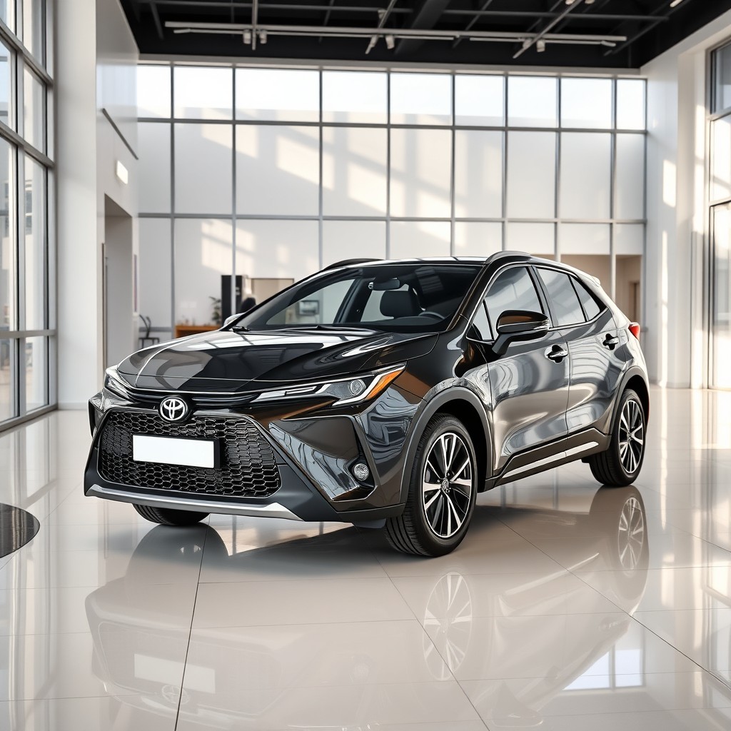 A photorealistic image of a metallic black Toyota Corolla Cross inside a modern car dealership showroom