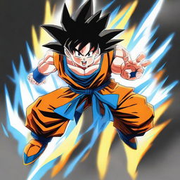 Create an image of Goku from Dragon Ball, with his distinctive spiky black hair and blue eyes. Have him in a dynamic pose, with energy crackling around him, ready for an intense battle