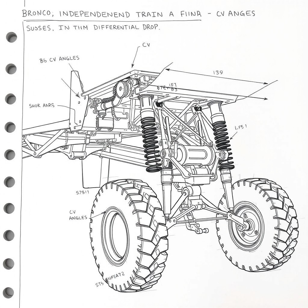 A detailed technical sketch showcasing an independent front suspension (IFS) lift with a differential drop for a Bronco