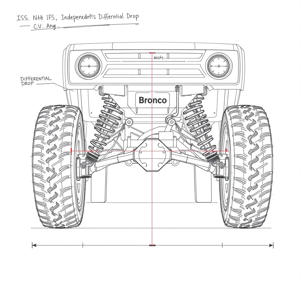A highly detailed technical sketch of a Bronco vehicle's Independent Front Suspension (IFS) lift system with a differential drop