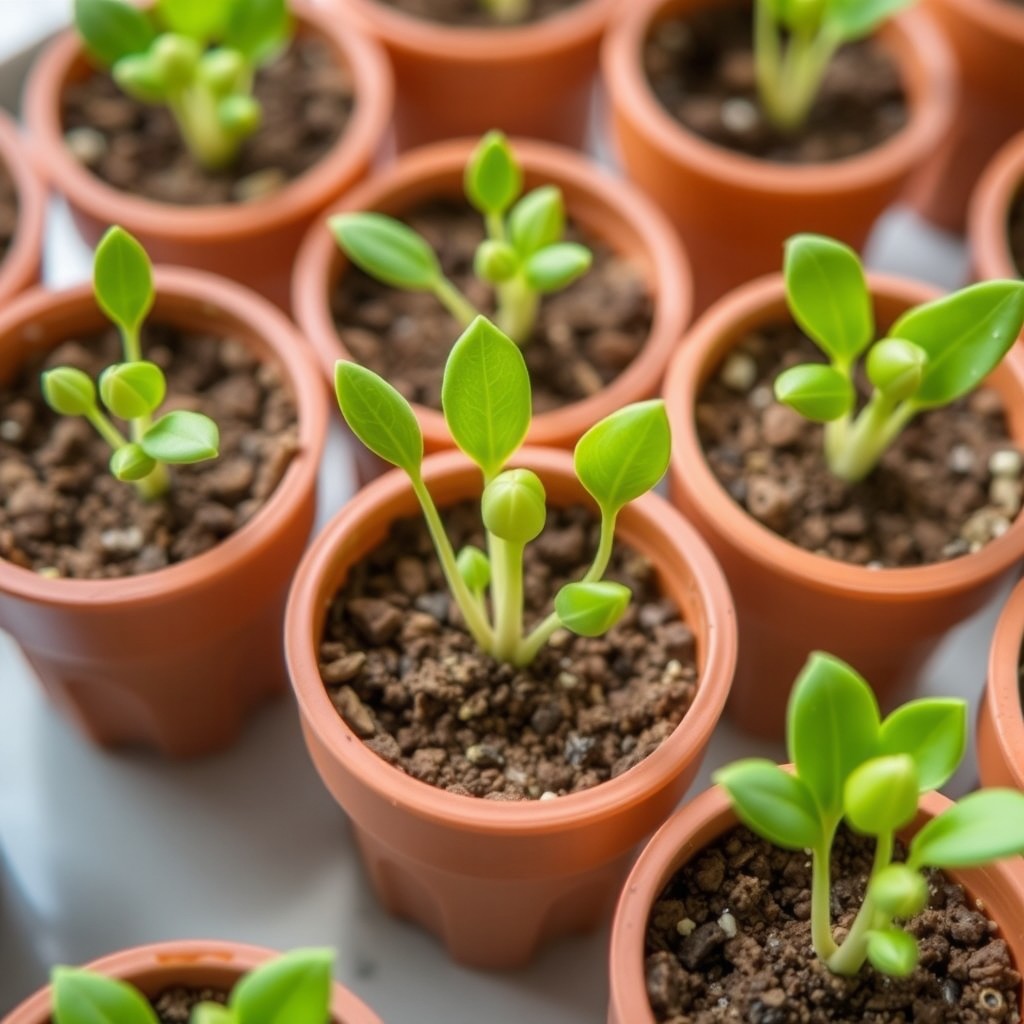 A collection of small flower pots filled with mung beans sprouting from the soil, each plant approximately 1