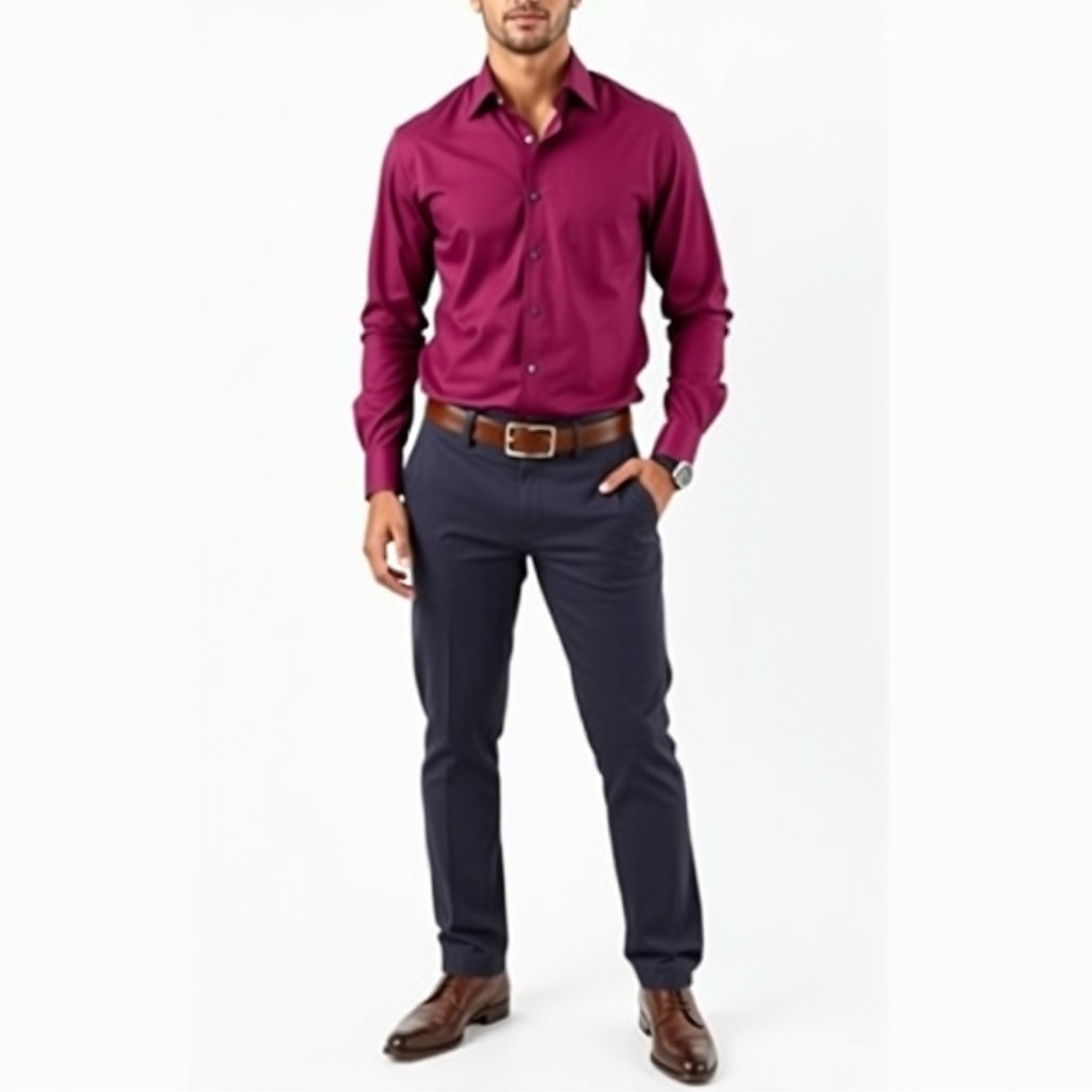A person dressed in a stylish formal shirt, well-fitted pants, and polished shoes, confidently posing against a plain white background