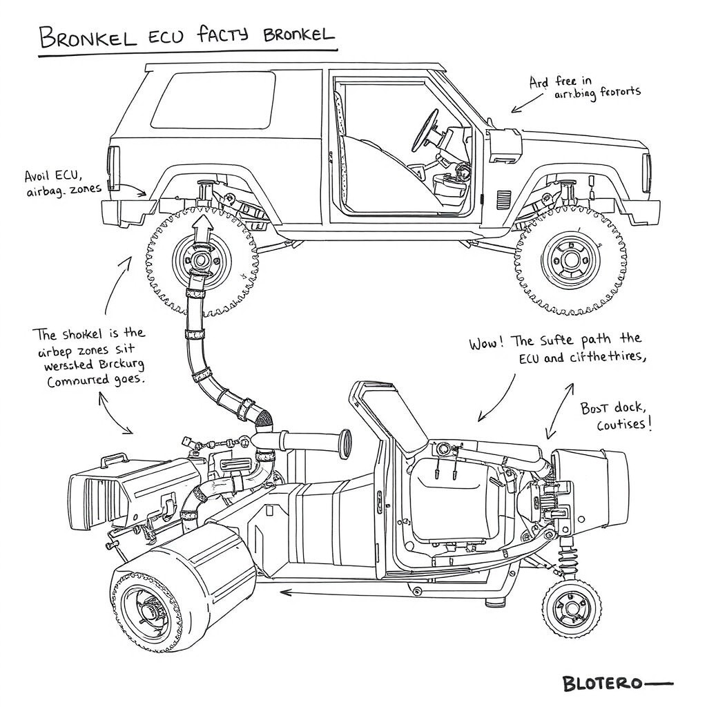 A detailed technical sketch illustrating the snorkel routing for a Bronco, emphasizing the avoidance of ECU and airbag zones