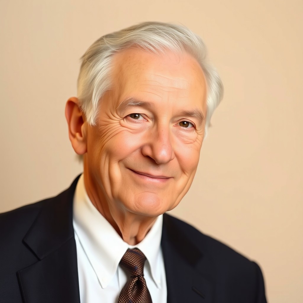 A formal portrait of an elderly man, wearing a classic dark suit with a crisp white shirt and a tie