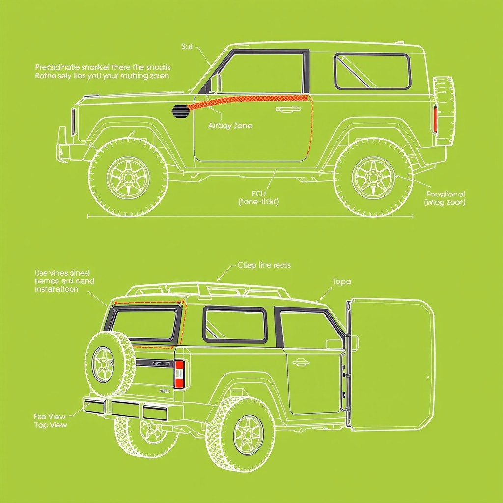 Technical sketch of a Bronco vehicle's appendix showing detailed snorkel routing