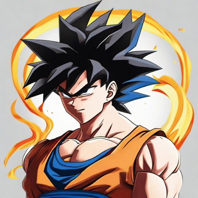 Create an image of Goku from Dragon Ball, with his distinctive spiky black hair and blue eyes. Have him in a dynamic pose, with energy crackling around him, ready for an intense battle