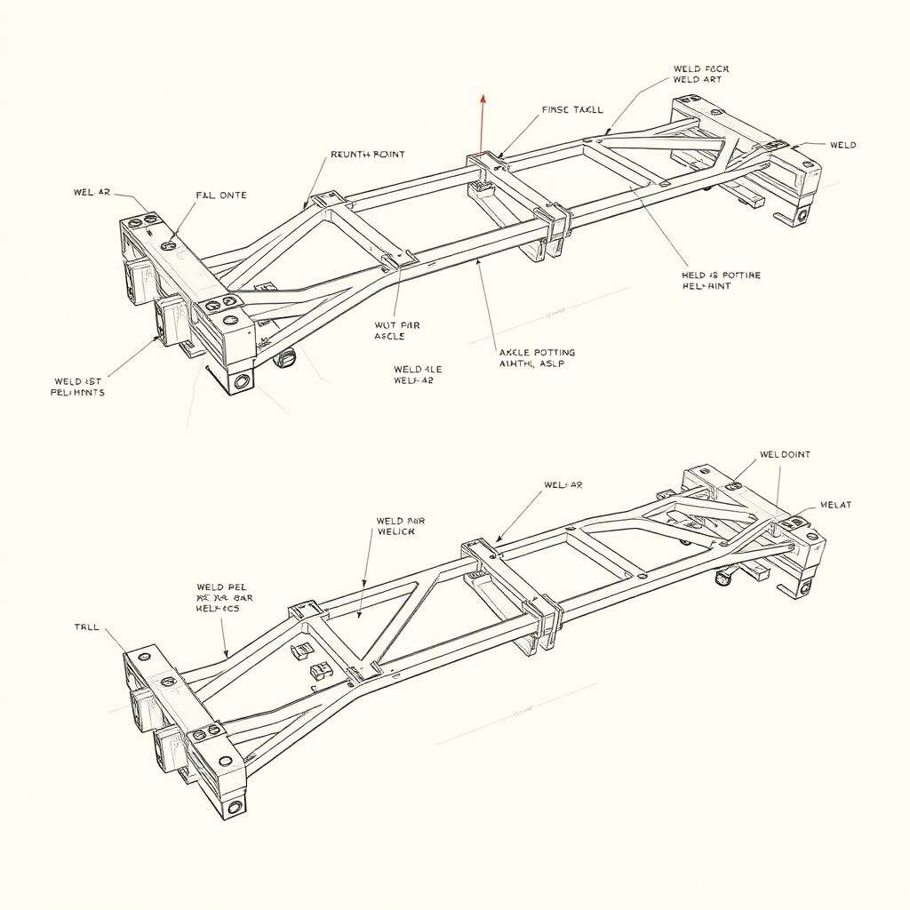Technical sketches of an axle truss specifically designed for a Dana 44 axle, featuring detailed weld points and structural designs