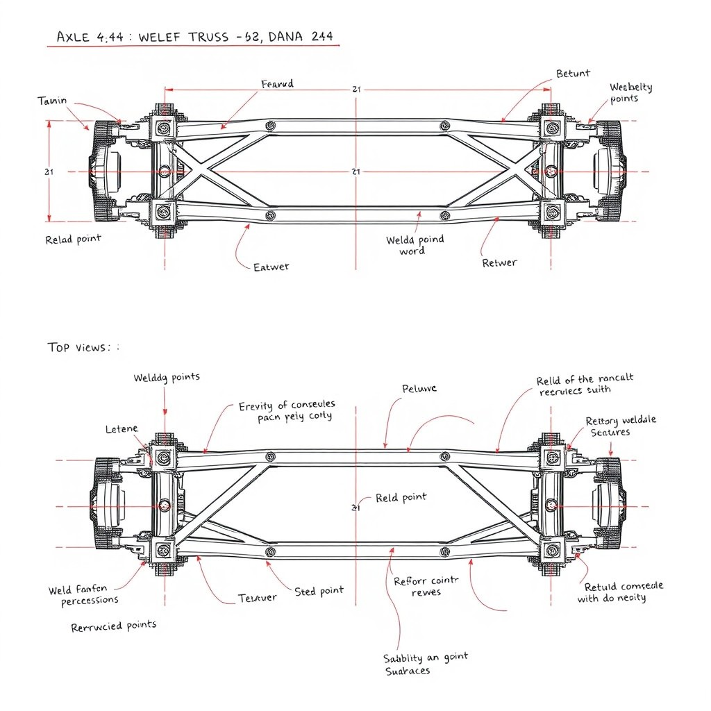 Detailed technical sketch of an axle truss for a Dana 44, showcasing weld points and structural features