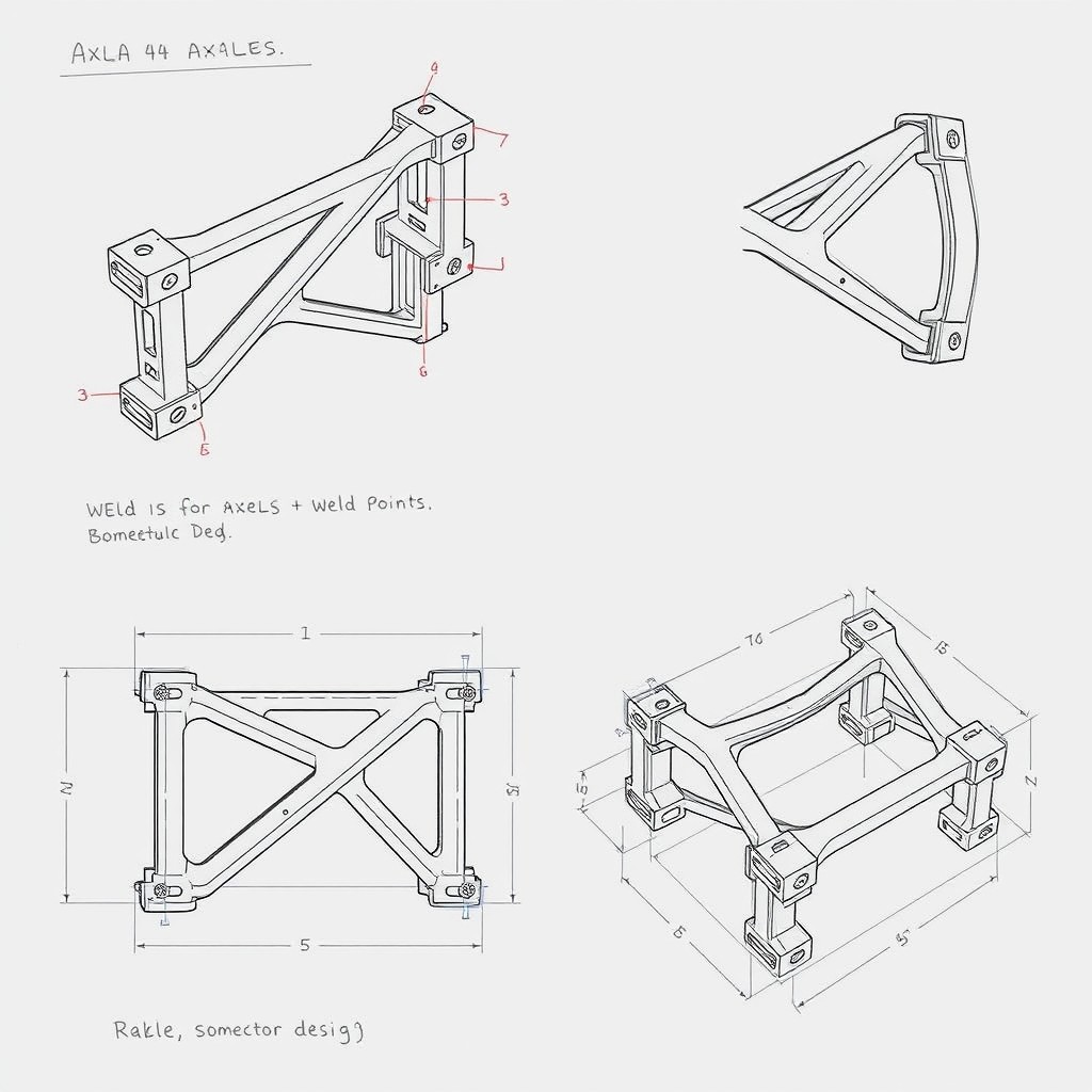 Technical sketches of an axle truss designed for a Dana 44 axle, specifically for a Bronco application