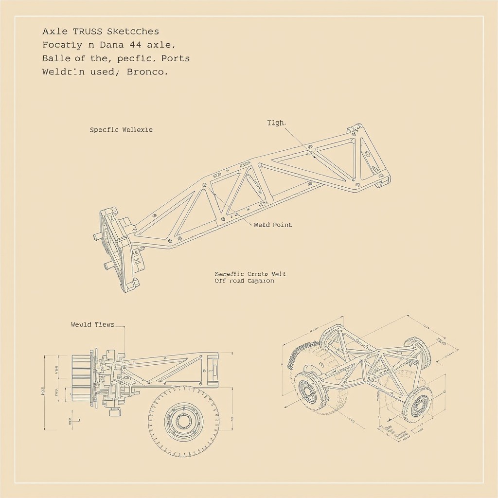Technical sketches of an axle truss specifically designed for the Dana 44 axle, used in a Bronco