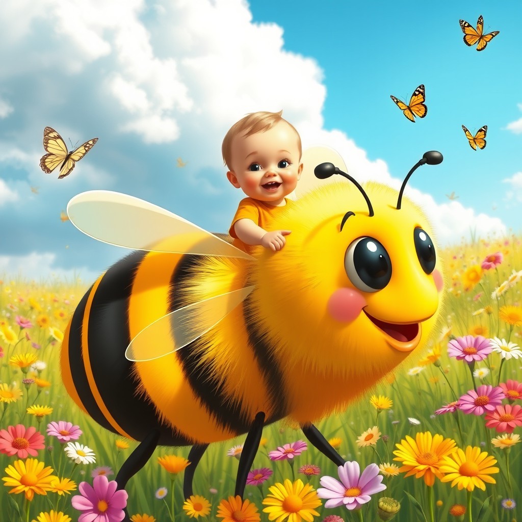 A whimsical and colorful scene of a baby boy joyfully riding atop a giant, friendly bee