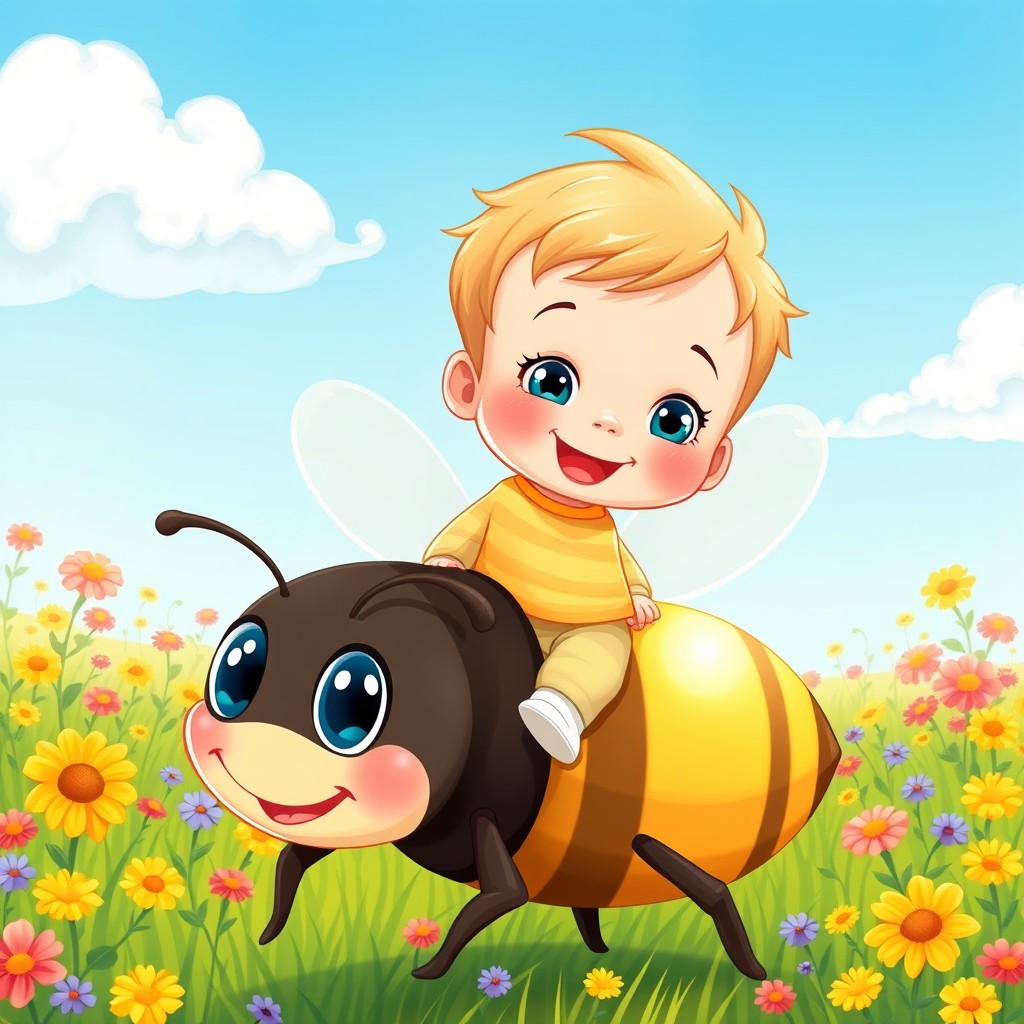 A whimsical and colorful illustration of a cute baby boy riding on the back of a large, friendly bee