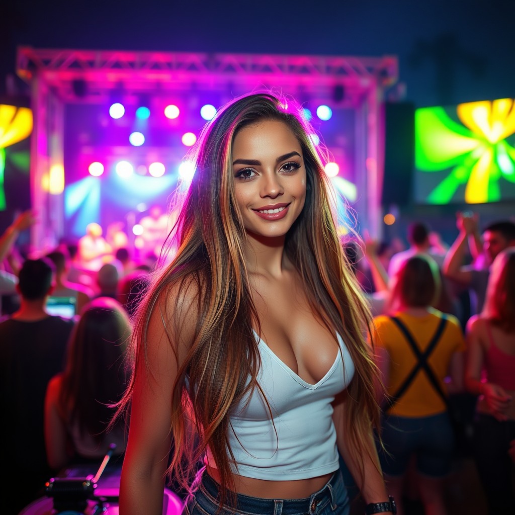 A stunning young woman at a vibrant outdoor concert, surrounded by colorful stage lights and an enthusiastic crowd