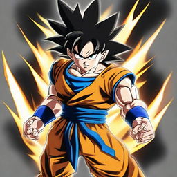 Create an image of Goku from Dragon Ball, with his distinctive spiky black hair and blue eyes. Have him in a dynamic pose, with energy crackling around him, ready for an intense battle