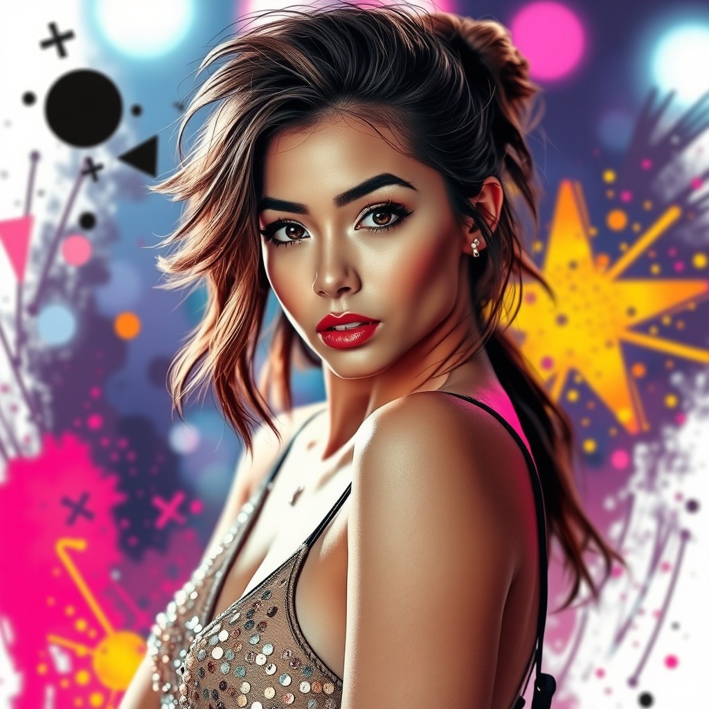 A captivating young woman inspired by the energy of a live concert, embodying the spirit of music and celebration
