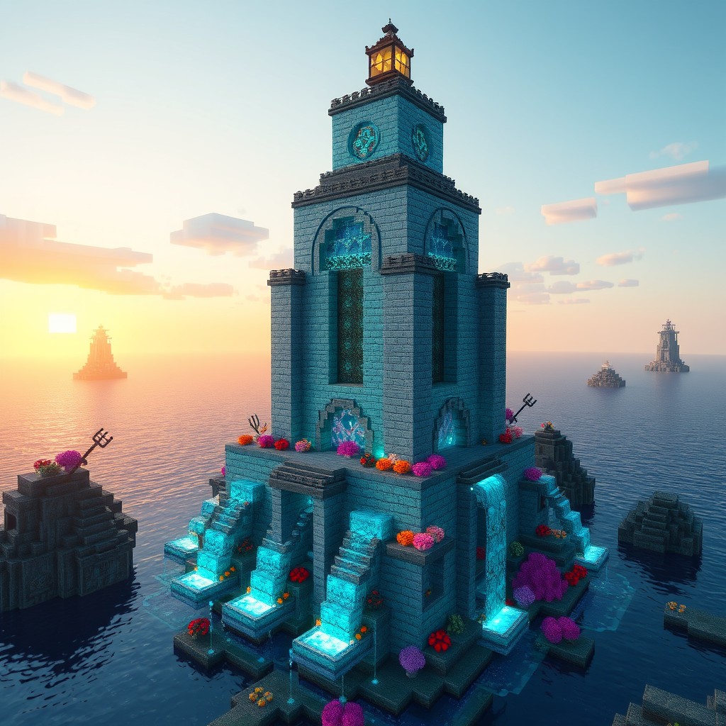A towering Minecraft ocean monument-style prismarine tower, 9x9 blocks wide and 50 blocks tall, constructed from prismarine bricks and dark prismarine blocks