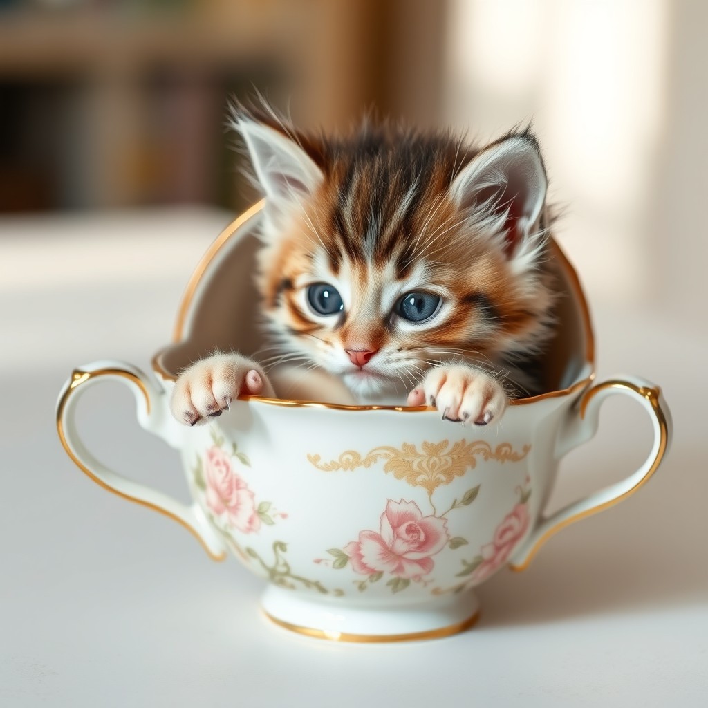 A cute, fluffy kitten nestled snugly inside a delicate, vintage teacup