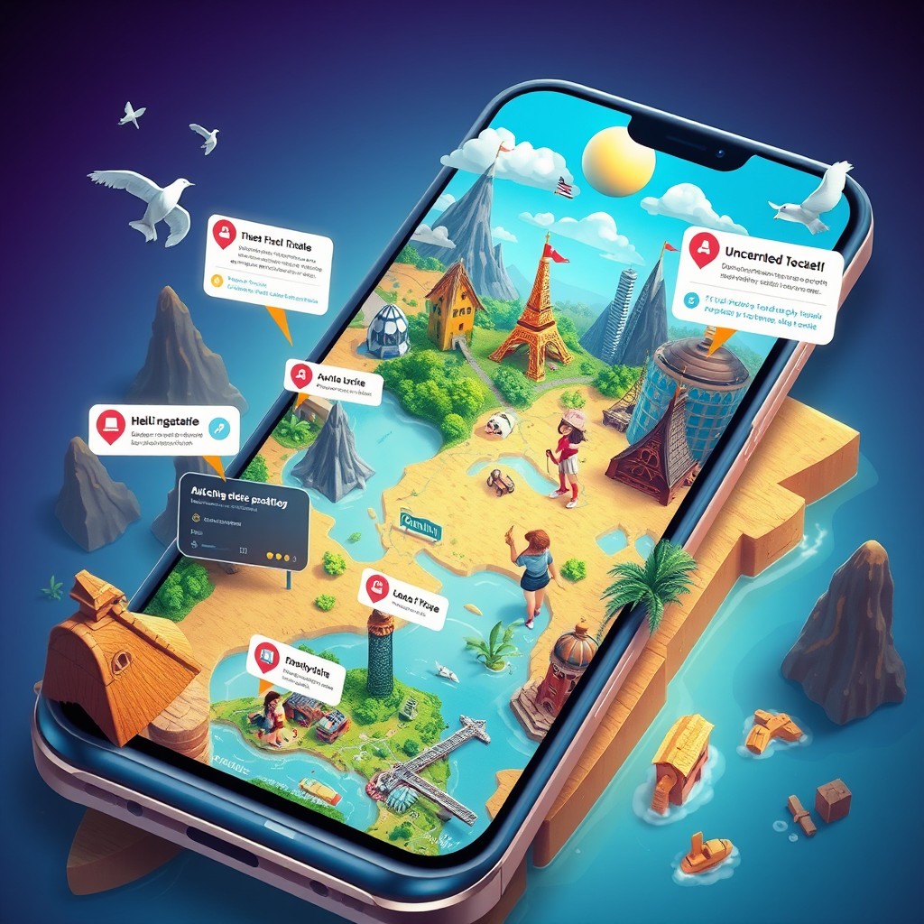 A visually captivating concept design for a mobile app interface that transports users to uncharted locations due to its obsessive gameplay mechanics