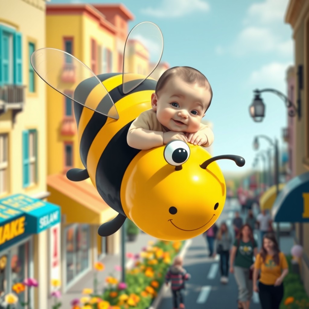 A whimsical scene depicting a newborn baby riding a large, cartoonish bee, soaring gently above a vibrant city street
