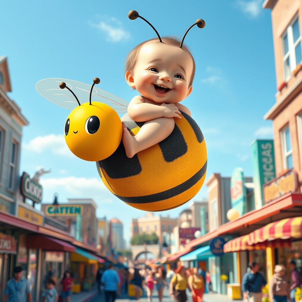 A whimsical scene depicting a newborn baby joyfully riding on the back of a large, colorful bee, hovering above a lively city street