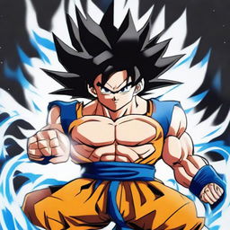 Create an image of Goku from Dragon Ball, with his distinctive spiky black hair and blue eyes. Have him in a dynamic pose, with energy crackling around him, ready for an intense battle