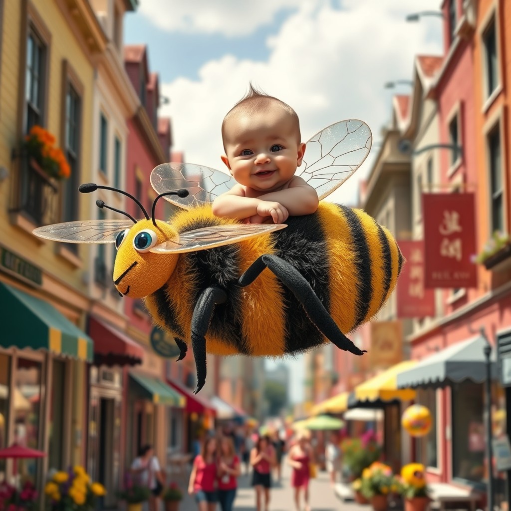 A whimsical and imaginative scene featuring a newborn baby joyfully riding on the back of a large, brightly colored bee, hovering above a cute and bustling city street