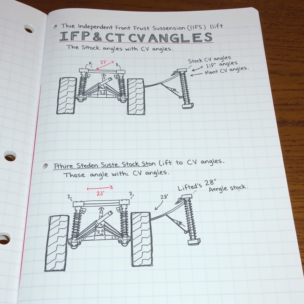 Sketches on graph paper for a Bronco key notebook, focusing on Independent Front Suspension (IFS) lift and CV angles