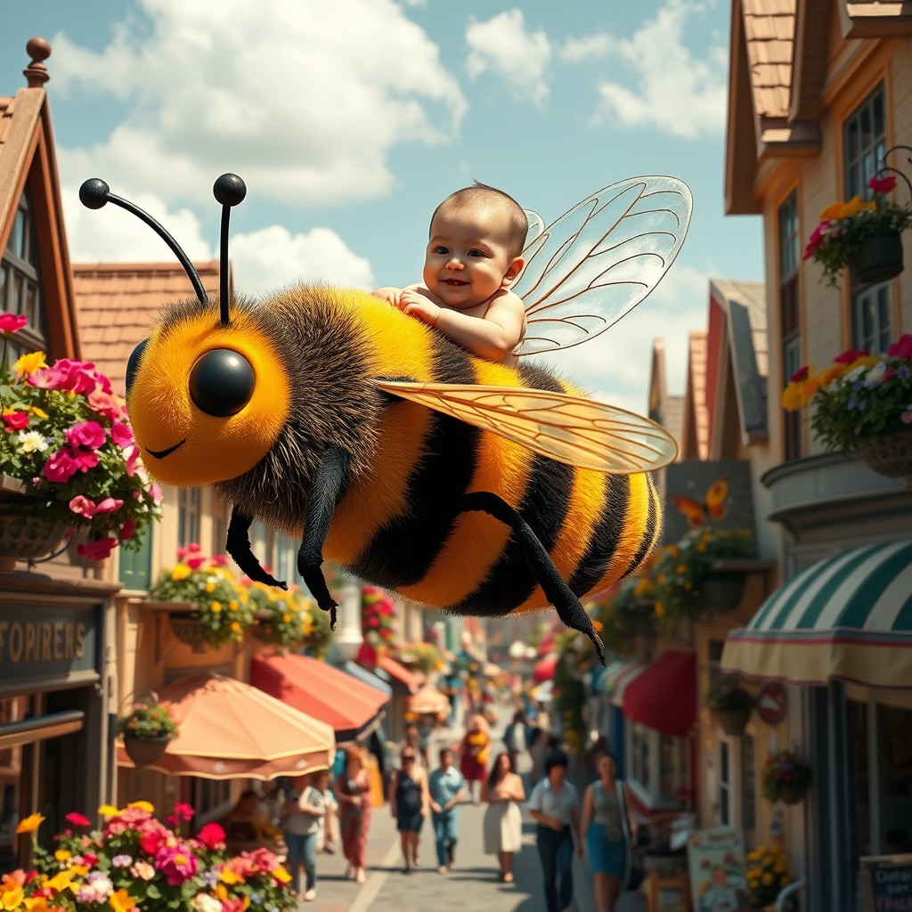 A whimsical and surreal scene featuring a newborn baby happily riding a large, colorful bee, soaring above a charming and lively street