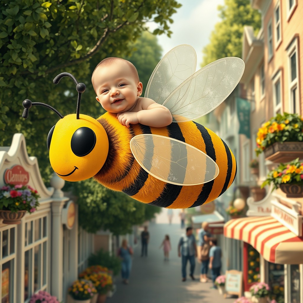A whimsical and surreal scene depicting a newborn baby riding joyfully on a large, vibrantly colored bee as it flies over a charming street