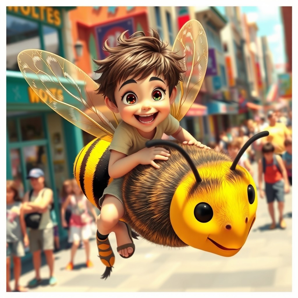A handsome boy with tousled hair and bright, curious eyes, joyfully riding a large, vibrant yellow and black striped bee, soaring through a bustling city street filled with colorful storefronts and curious onlookers