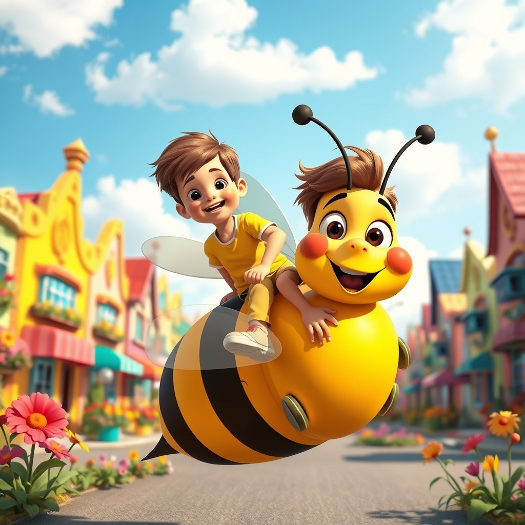 Joyful Adventure: Boy Rides Cartoonish Bee Through a Colorful World