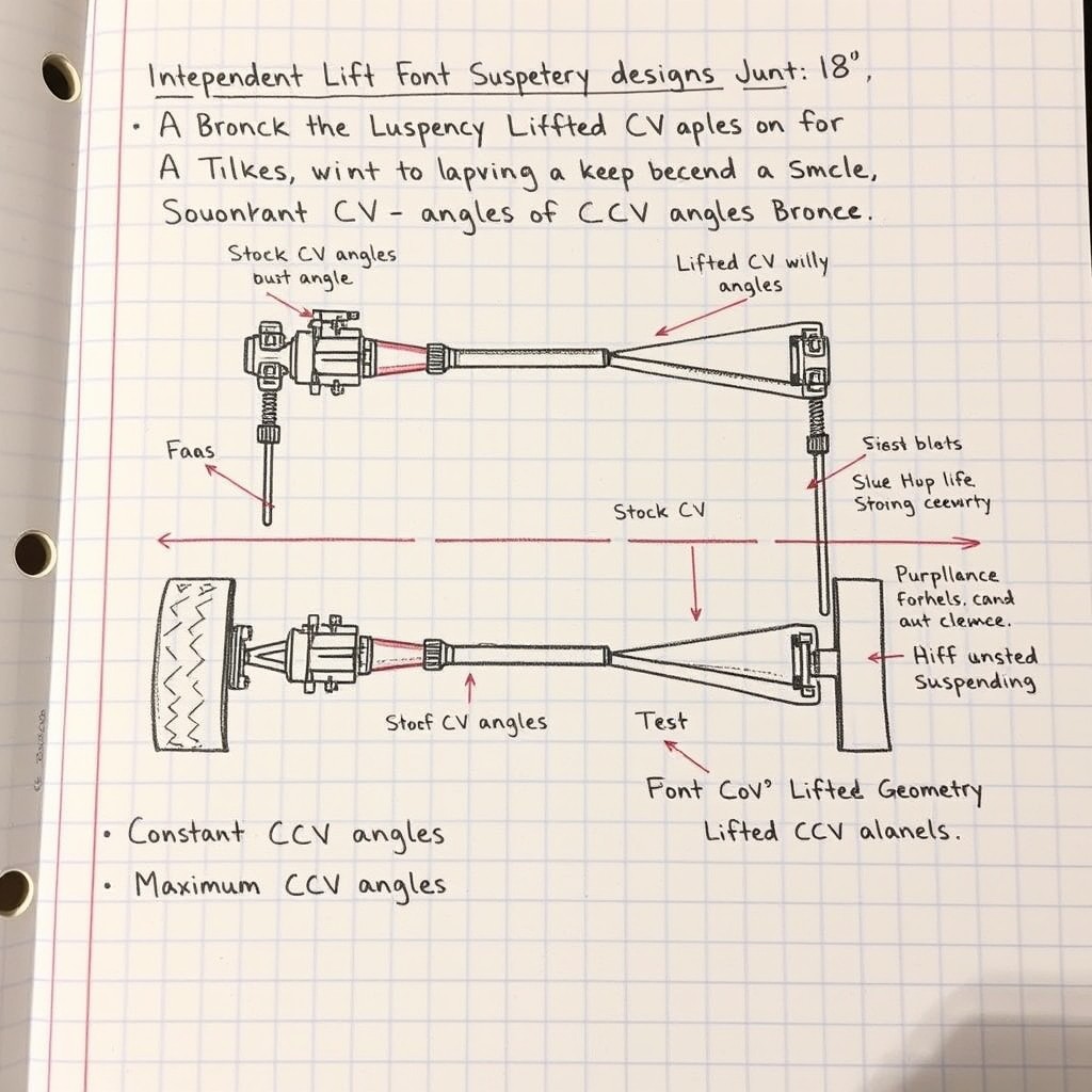 A detailed sketch on graph paper illustrating a Bronco key notebook design, focusing on Independent Front Suspension (IFS) lift and Constant Velocity (CV) angles