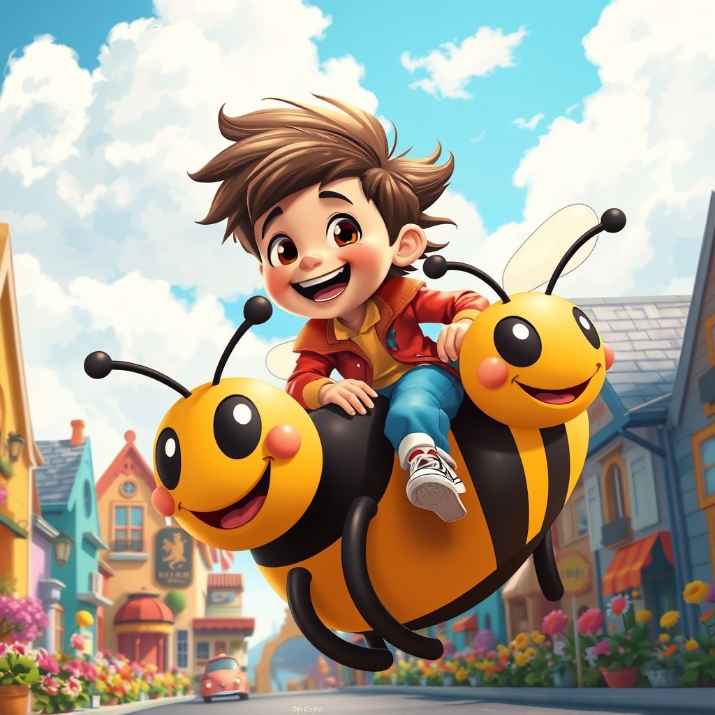 A handsome young boy joyfully riding a giant cartoonish bee down a colorful street filled with vibrant flowers and whimsical buildings