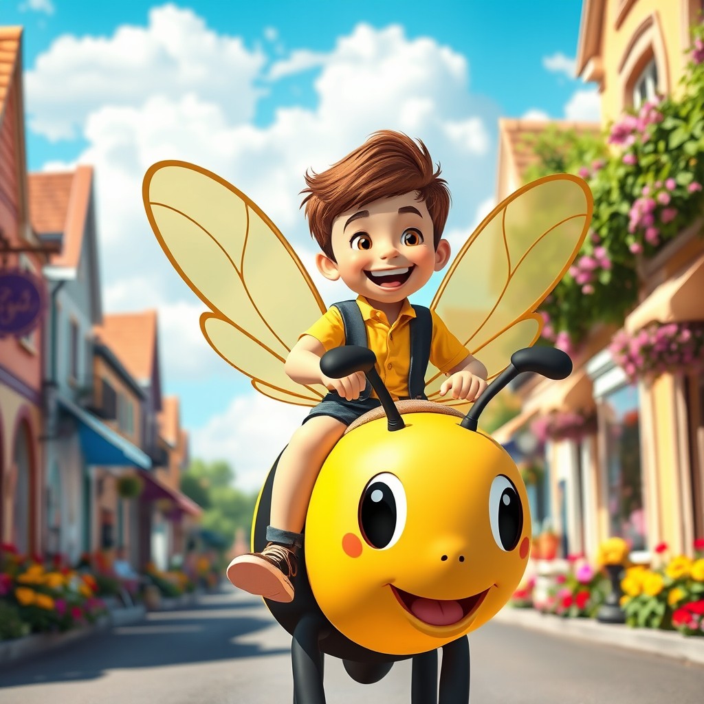 A joyful scene of a handsome young boy riding a giant, friendly cartoon bee down a lively street