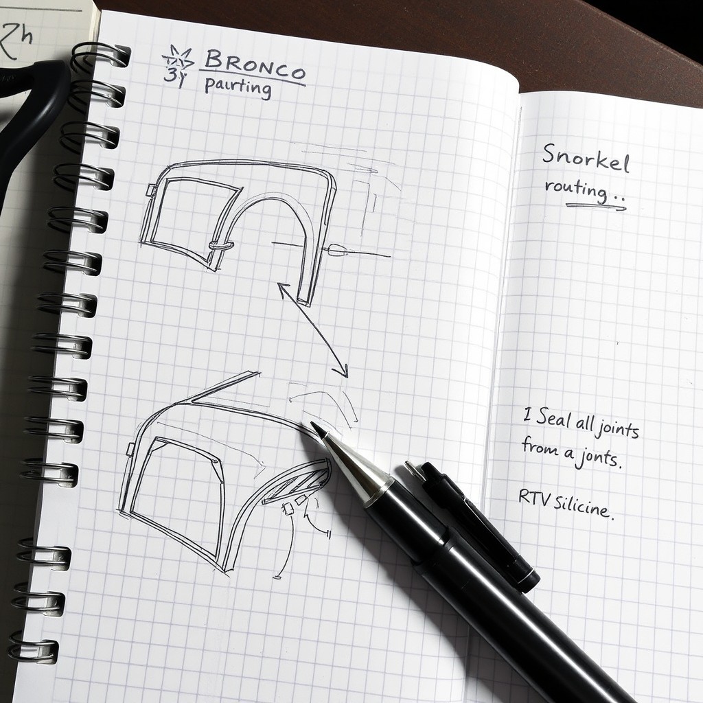 A detailed sketch of a Bronco key notebook featuring precise sketches drawn on graph paper, illustrating snorkel routing