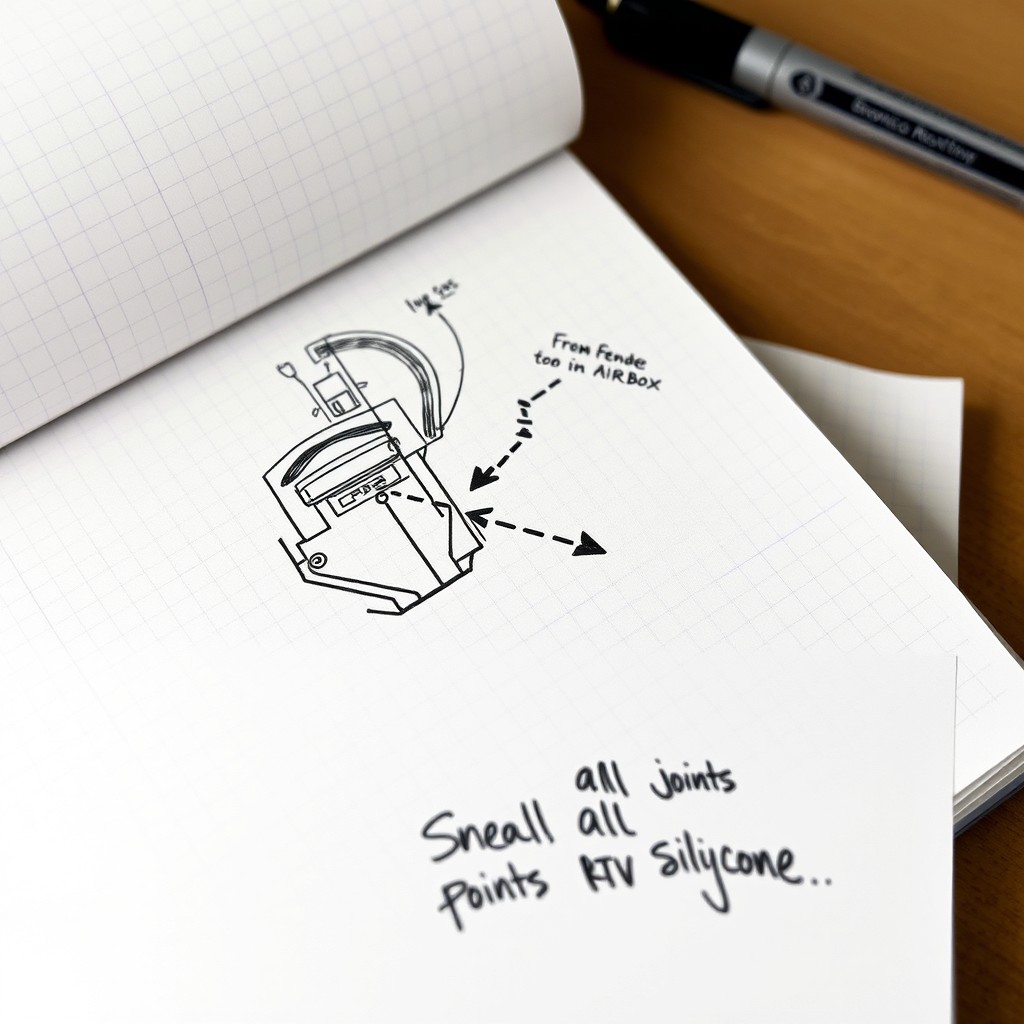 A detailed sketch for a Bronco key notebook featuring technical illustrations on graph paper, specifically highlighting snorkel routing
