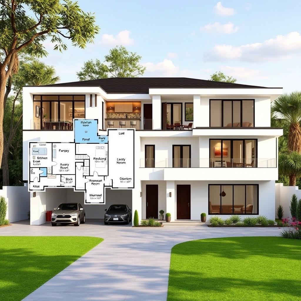 A spacious modern U-shaped single-story house showcasing contemporary design elements, featuring a large kitchen with sleek cabinets, a cozy living room filled with natural light, and a stylish bar complete with a billiard table