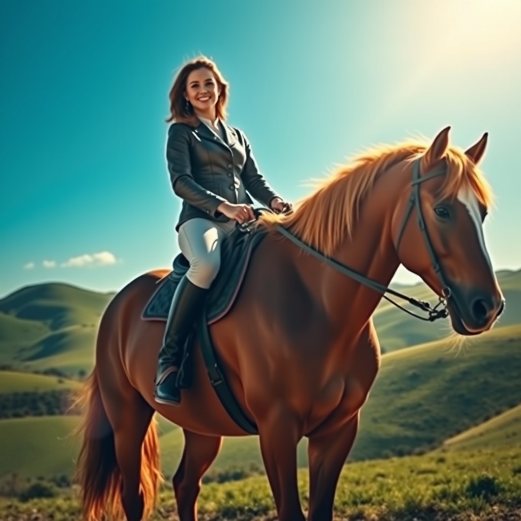 A majestic scene featuring a person proudly perched on a stunning horse
